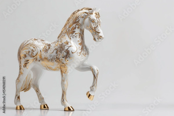 Fototapeta Exquisite porcelain horse figurine with golden detailing on a light background, artistic decorative piece