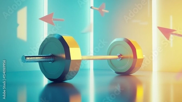 Fototapeta Barbell with directional arrows floating around in a pastel environment suggesting motivation.