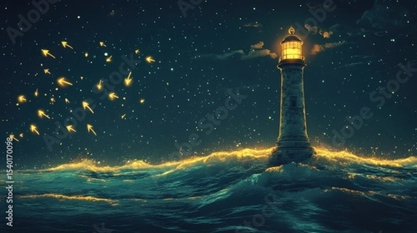 Fototapeta Glowing lighthouse surrounded by a sea of golden light particles under a night sky.