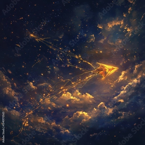Fototapeta Abstract golden kite flying through a dark, celestial sky lit with glowing fragments.