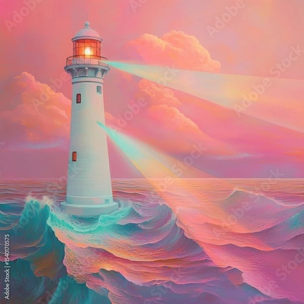 Fototapeta Vibrant lighthouse casting colorful beams over waves in a pastel fantasy seascape.