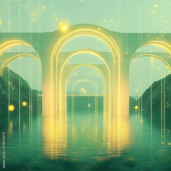 Fototapeta Glowing arches over calm water in a surreal environment with golden luminous rain.