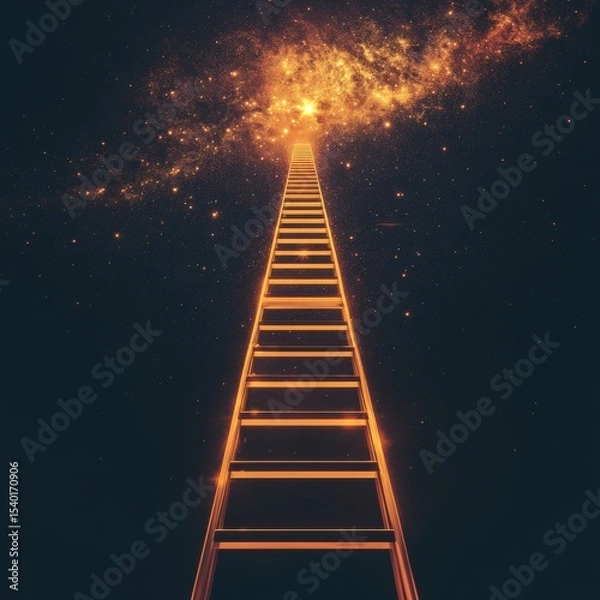Fototapeta Golden glowing staircase ascending into a cosmic sky filled with stars and ethereal light.