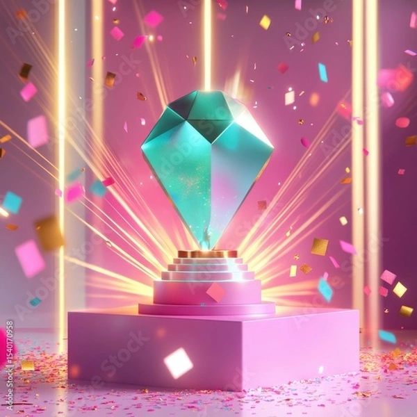 Fototapeta Giant gemstone on glowing pedestal surrounded by confetti and colorful stage lighting.