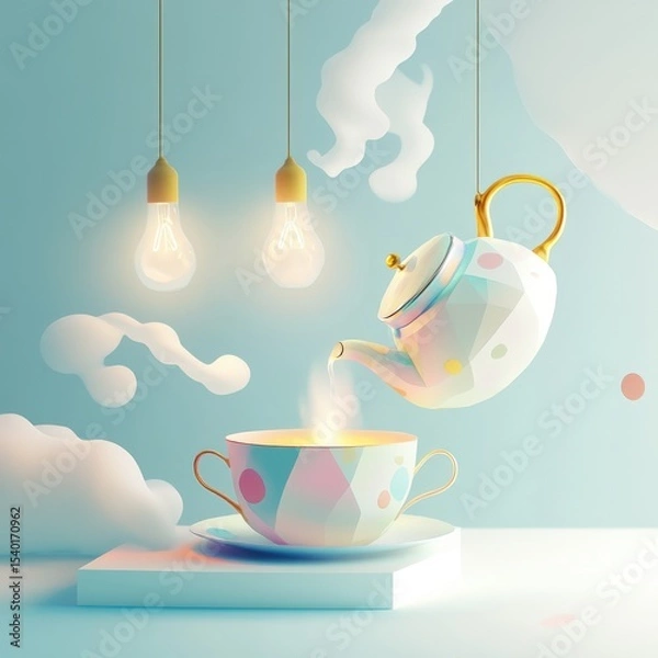 Fototapeta Floating teapot pouring into cup on pastel stage with hanging light bulbs and soft clouds.