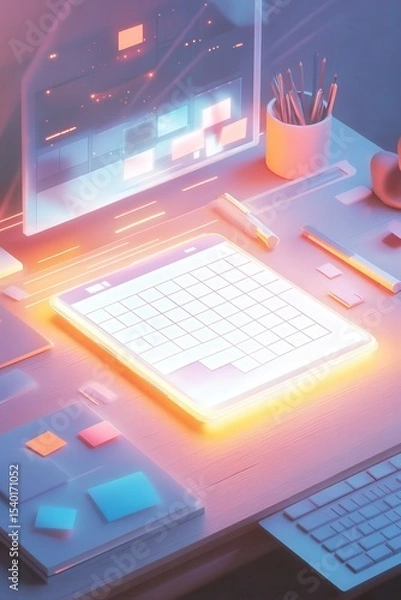 Fototapeta Neon glowing digital planner on a pastel desk with soft lighting and floating sticky notes.