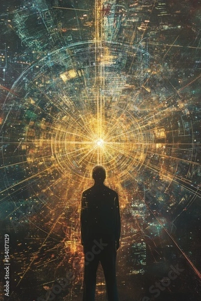Fototapeta Silhouette of a person standing before a cosmic explosion of light and digital matrix in space.