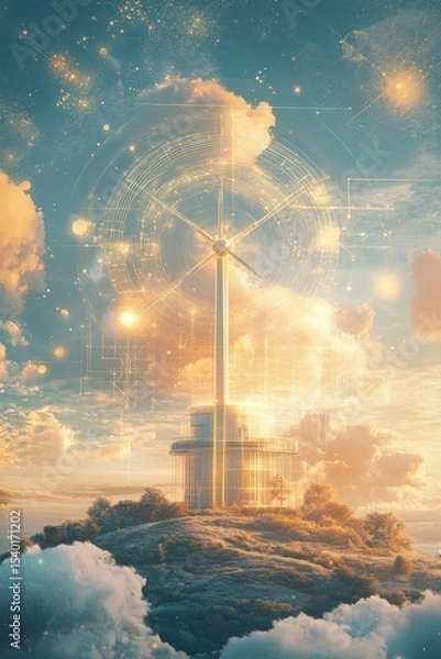 Fototapeta Wind turbine surrounded by digital network and cloudscape in glowing atmospheric artwork.