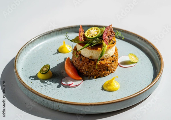 Obraz artfully arranged gourmet dish featuring quinoa and vegetables with vibrant garnishes on a light blue plate for culinary enthusiasts and food photography