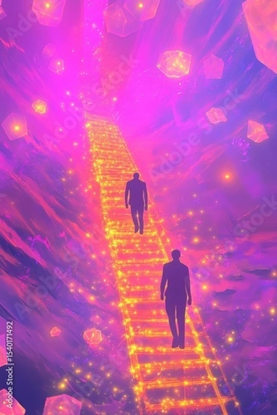 Fototapeta Two figures walking on glowing golden staircase through a surreal purple fantasy dimension.