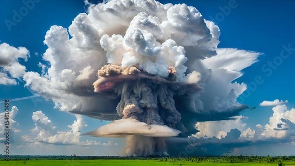 Obraz Colossal atomic mushroom cloud erupts into a bright blue sky over a peaceful landscape. A powerful visual of destructive force, historical impact, and overwhelming power.