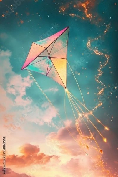 Fototapeta Pink and orange kite flying in glowing twilight sky surrounded by golden spark trails.