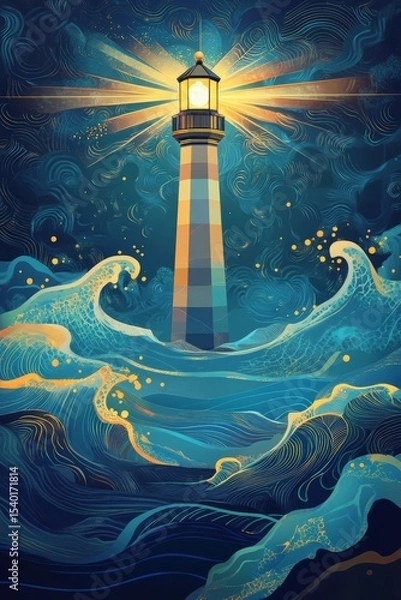 Fototapeta Whimsical lighthouse amid stylized waves glowing under a starry twilight sky.