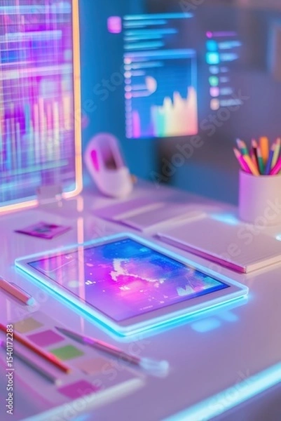 Fototapeta Futuristic desk with glowing tablet interface, graphs, and pastel lighting in a digital workspace.