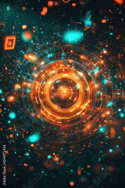 Fototapeta Glowing orange energy orb in a digital galaxy-style background of tech nodes and particles.