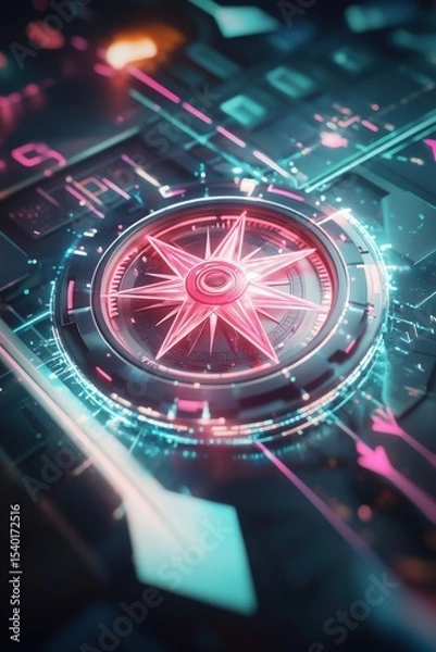Fototapeta Digital compass glowing in neon colors embedded in a tech-themed background.