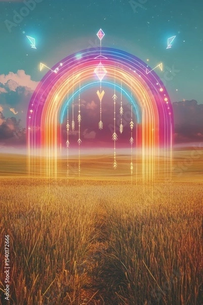 Fototapeta Neon rainbow portal glowing over wheat field with abstract symbols floating in sky.