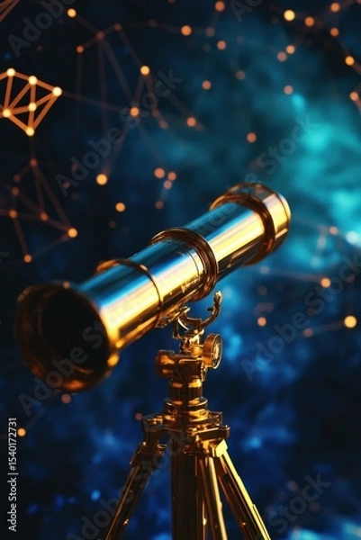 Fototapeta Golden telescope under glowing night sky with digital constellation overlays.