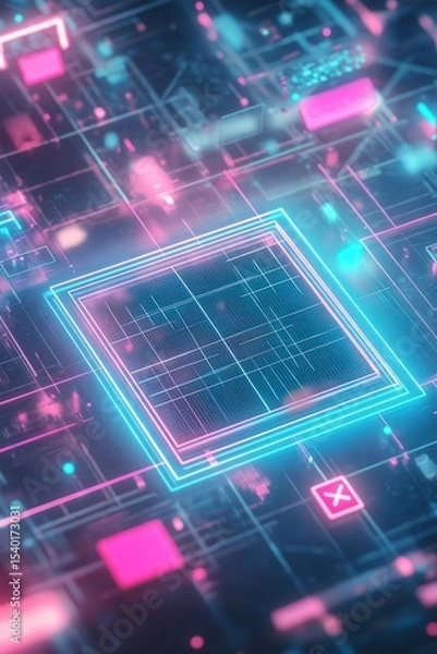 Fototapeta Abstract glowing circuit microchip in digital neon matrix with vibrant colors.