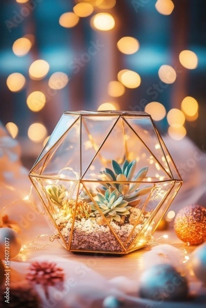 Fototapeta Glowing terrarium with succulents and warm fairy lights on soft fabric background.