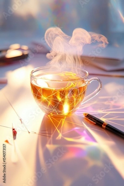 Fototapeta Steaming cup of tea on a softly lit table with glowing reflections and golden warmth.