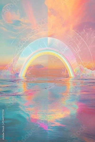 Fototapeta Fantasy pastel seascape with glowing rainbow portal reflecting on ocean surface.