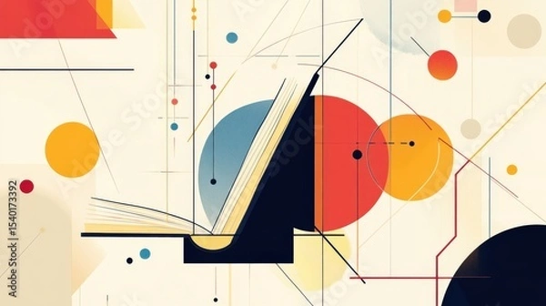 Fototapeta Abstract graphic with geometric shapes and open book on a minimal beige background.