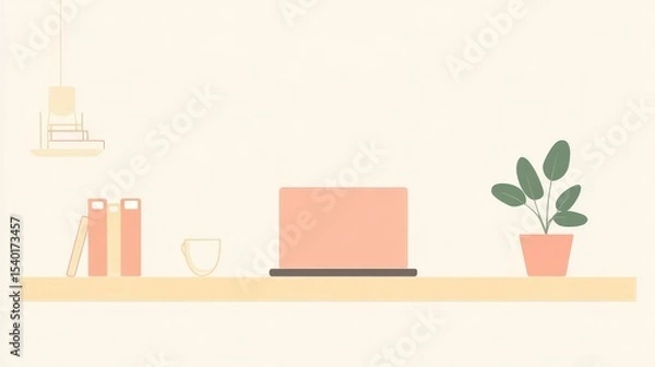 Fototapeta Soft pastel workspace with laptop, potted plant, and books on a minimalist desk.