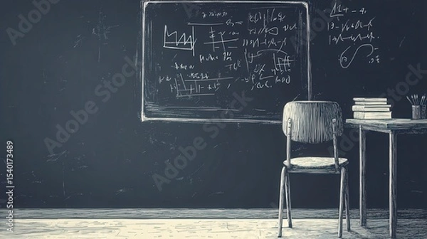 Fototapeta Empty chair in front of a chalkboard filled with handwritten mathematical equations.