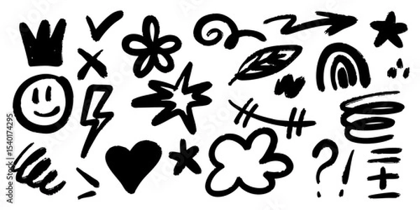 Fototapeta Black and White Doodle Brush Marker Elements Set. Includes a variety of expressive symbols such as smiley face, heart, crown, stars, arrow, lightning, swirl, flower, question mark, and abstract lines.