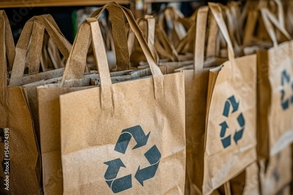 Obraz Recycling initiative sustainable brown paper bags at a local store environmental awareness urban setting close-up view eco-friendly concept