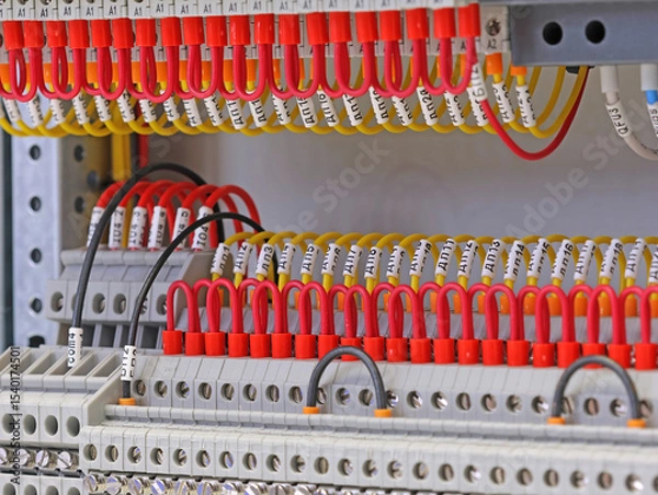 Fototapeta Marking electrical wiring wires with thermally printed nylon tape. 