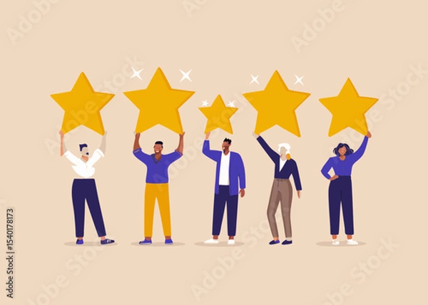 Fototapeta Diverse Group Holding Gold Stars for Customer Satisfaction Feedback Review and Rating in a Flat Vector Style Illustration