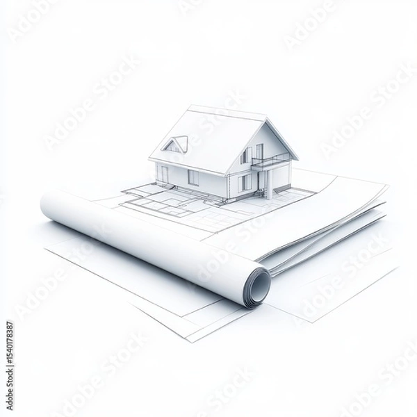 Obraz White 3D House Model on Rolled Blueprints