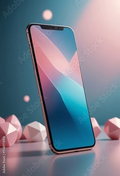 Fototapeta Modern smartphone displaying an abstract gradient screen, set on a reflective surface with geometric shapes. Digital technology concept for marketing and future innovation.
