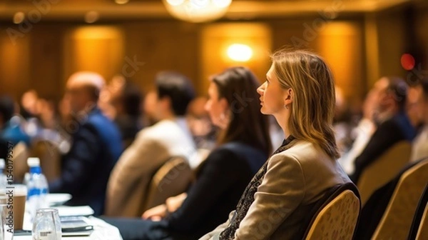 Fototapeta Professional networking event showcasing engaged attendees at a bustling conference hall