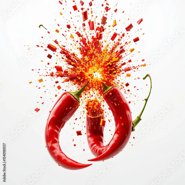 Fototapeta Fiery Explosion of Flavor: Three Chili Peppers Ignite in a Vivid Burst of Colorful Intensity