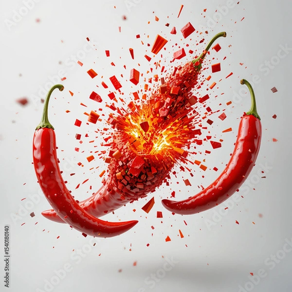 Fototapeta Fiery Explosion of Flavor: Three Chili Peppers Ignite in a Vivid Burst of Colorful Intensity