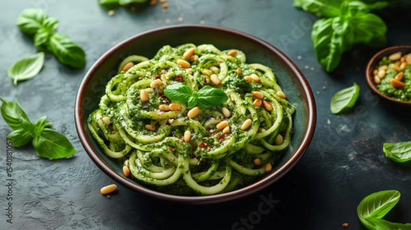 Obraz A plate of vibrant green squash spaghetti with pesto, garnished with pine nuts and fresh basil.