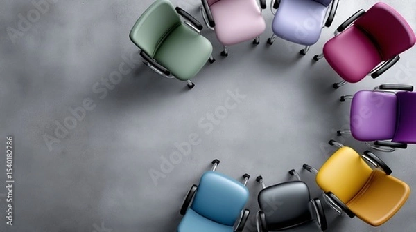 Fototapeta Colorful chairs arranged in a circle for group activities in an office