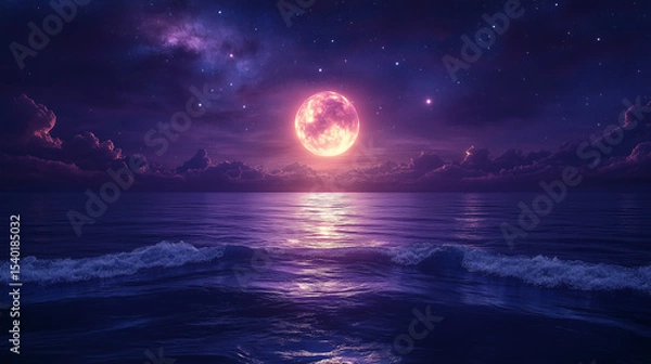 Obraz Fantasy landscape with a bright full moon reflecting on the calm surface of the ocean. Purple and pink palette of the sky