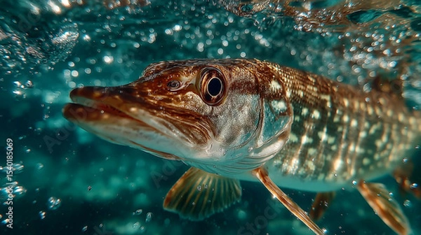 Obraz An underwater close-up of a pike swimming through crystal clear water. The fish stands out for its expressive eyes