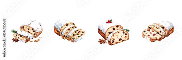 Fototapeta Set of Christmas stollen with powdered sugar. Christmas pictures for design with transparent background in vector format.