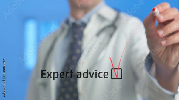 Fototapeta Doctor wearing a lab coat and stethoscope marking a checkbox next to the words expert advice displayed on a virtual screen, representing professionalism in healthcare and medical consultation