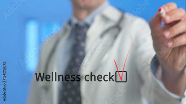 Fototapeta Medical professional marking a wellness check box on a transparent digital display, indicating the successful completion of a comprehensive health assessment in a modern clinical setting