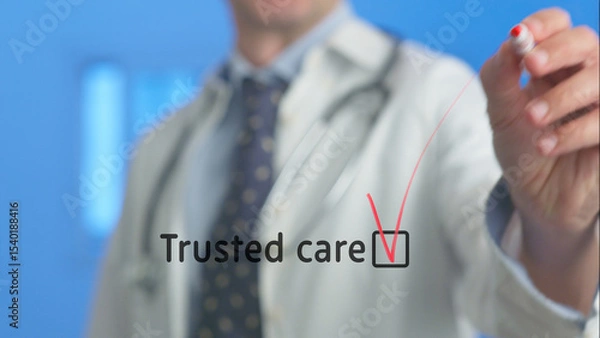 Fototapeta Doctor wearing lab coat and stethoscope is ticking a checkbox with trusted care written next to it, highlighting the concept of reliable medical services