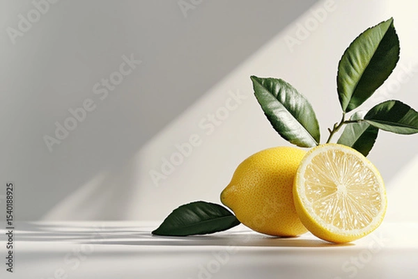 Obraz Fresh whole lemon with a perfectly cut slice bright and natural setting fruit photography minimalist viewpoint for culinary inspiration