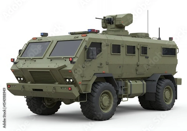 Fototapeta Olive Green Armored Military Vehicle on White Background Heavy Duty Tires and Rotating Turret Equipped for Defense Rendered in 3D