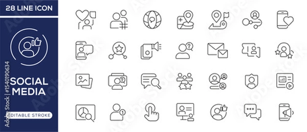 Obraz Social Media line editable icon set. Related social media, connection, networking, friends, comment, profile, like, share, and more. Editable stroke. 