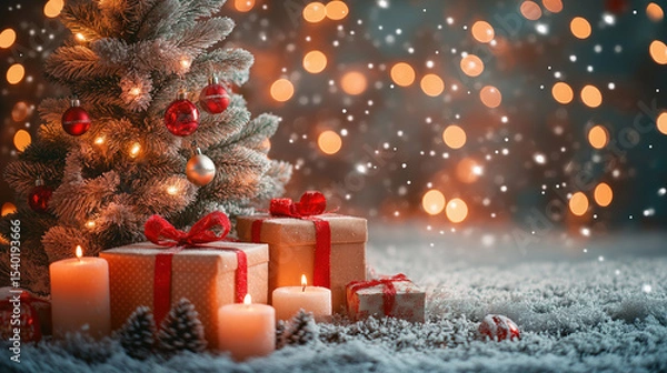 Fototapeta Christmas tree with glowing lights, red ornaments, and gift boxes in snow with candles and falling snowflakes on a festive bokeh background. Holiday atmosphere.